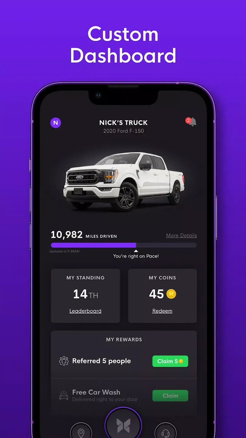 Avva app dashboard on a phone, showing a pickup truck, miles driven, leaderboard rank and rewards