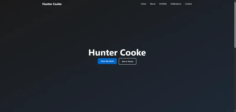Hunter Cooke portfolio website home page: a dark hero with the name and a View My Work button