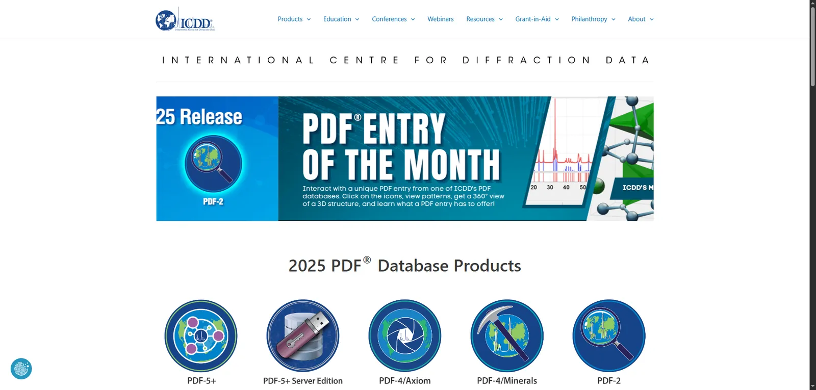 ICDD website home page promoting its 2025 powder diffraction database products